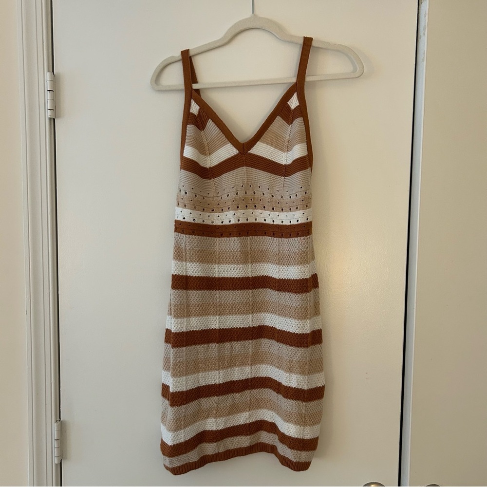 Ultra Flirt Brown and Cream Striped Crochet Mini Dress Beachwear Vacation Outfit